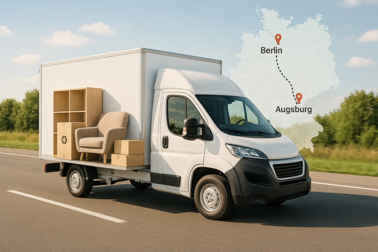 Berlin und Augsburg, beladen mit Möbeln und Karton