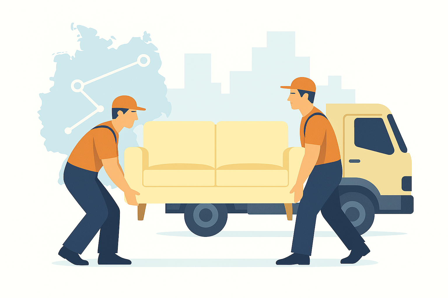 Zwei Umzugshelfer in orangefarbener Arbeitskleidung verladen gemeinsam ein großes Sofa in einen Fernumzugs-LKW.