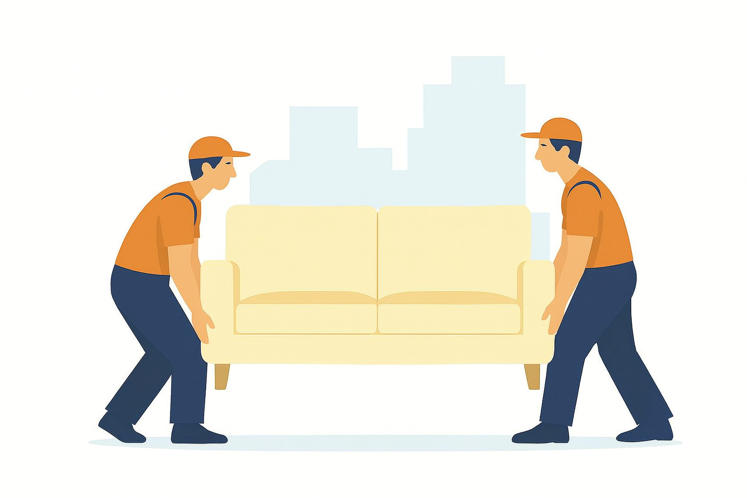 Zwei Umzugshelfer in orangefarbener Arbeitskleidung verladen gemeinsam ein großes Sofa in einen Fernumzugs-LKW.