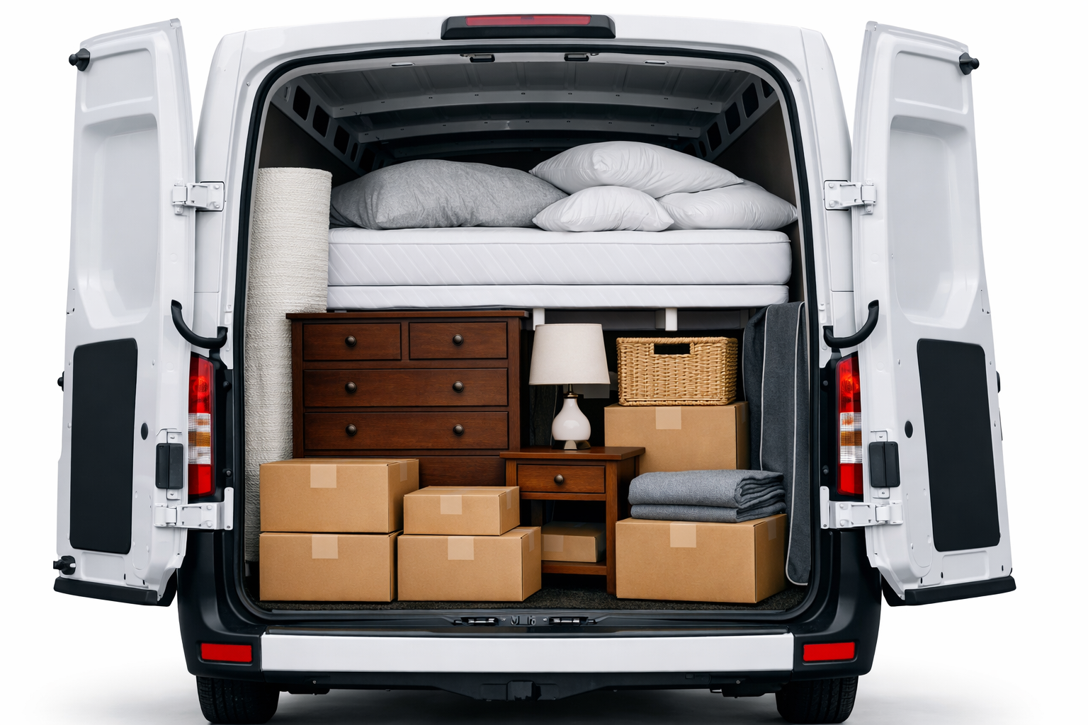 Beiladung Schlafzimmer – Van mit Bett, Nachttisch, Kartons „Schlafzimmer“